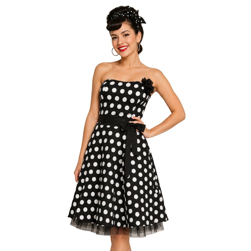 Vintage Y2K Ruby Rox Polka Dot Strapless Rockabilly Mini Dress Small Black White